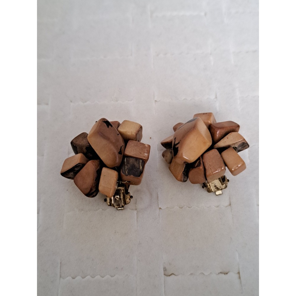 Vintage Japan Clip On Earrings Brown Faux Stone Cluster Mid Century Modern Boho